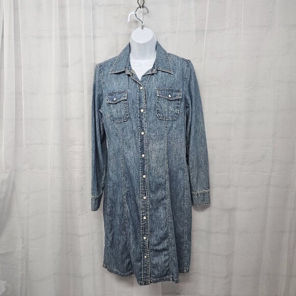 GAP Blue Denim Pearl Snap Shirt Dress Rustic Boho Western 8 - Picture 1 of 13